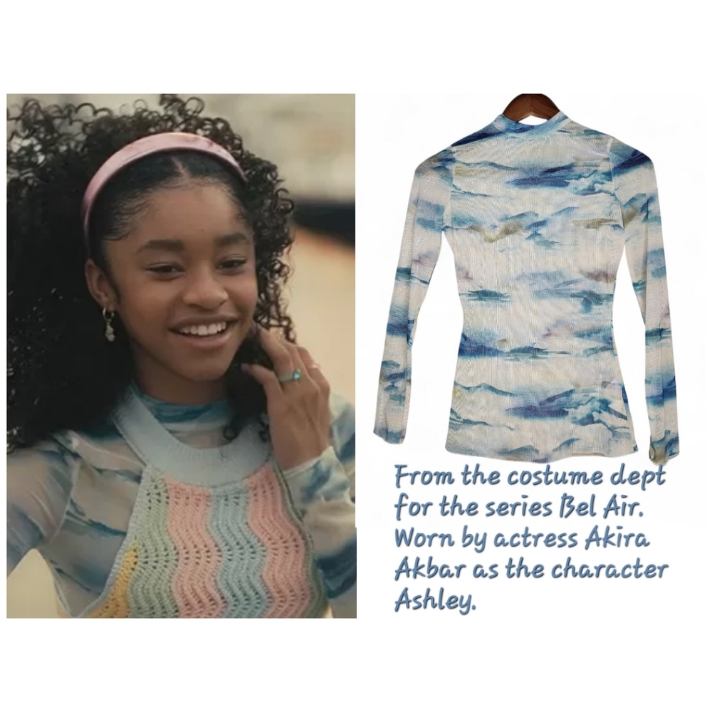 Jonathan Simkhai Charli Watercolor Jersey Mesh Turtleneck Top Size XS